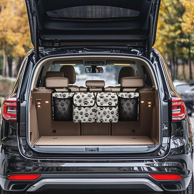 Black Dog Paw Print Trunk Hanging Storage Bag Large Capacity Car Back Seat Organizer with 4 Storage Bags,Space Saving Expert