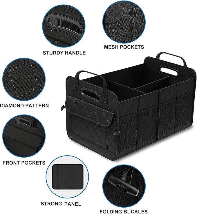 Car Trunk Organizer, 75L Large Capacity Waterproof Auto Storage with Non-Slip Bottom Strips, Collapsible Cargo Organizer for Suv, Truck, Sedan, Portable Car Accessories for Women Men(Black)
