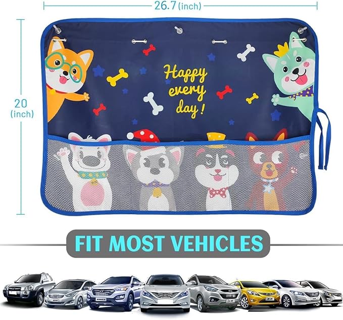 DIZA100 2 Pack Car Window Shade for Baby, Blackout Car Sun Shades with Storage Pockets, 7 Suction Cups, Blue, Cute Patterns for Sun/Heat/UV Rays Protection, Standard Passenger Cars
