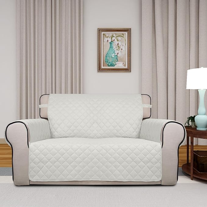 PureFit Reversible Quilted Sofa Cover, Water Resistant Slipcover Furniture Protector, Washable Couch Cover with Non Slip and Elastic Straps for Kids, Dogs, Pets (Loveseat, Ivory/Ivory)