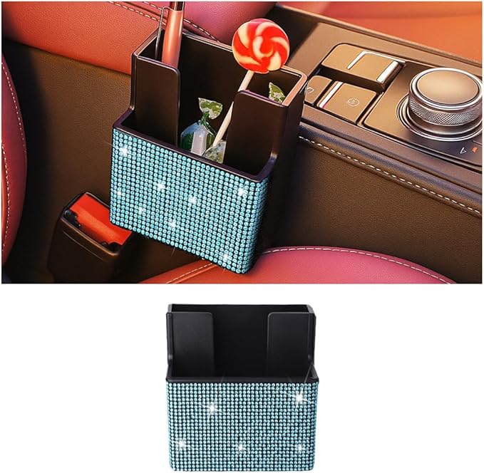 Bling Car Seat Side Organizer, Crystal Rhinestone Vehicle Storage Bag Holder for Pen Phone Document, Diamond Sparkling Automotive Organization Box Accessories, Universal Fit (Lake Blue)