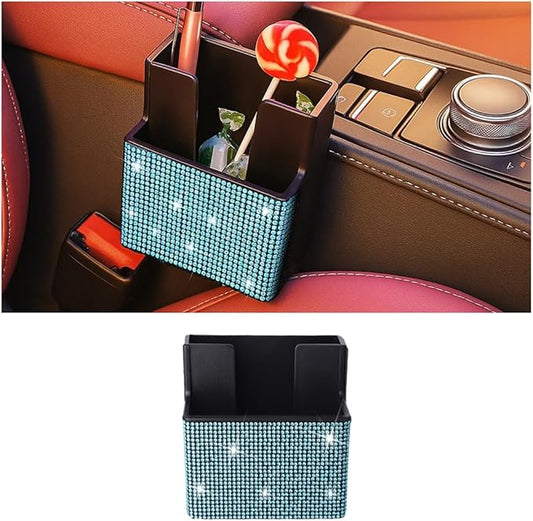 Bling Car Seat Side Organizer, Crystal Rhinestone Vehicle Storage Bag Holder for Pen Phone Document, Diamond Sparkling Automotive Organization Box Accessories, Universal Fit (Lake Blue)
