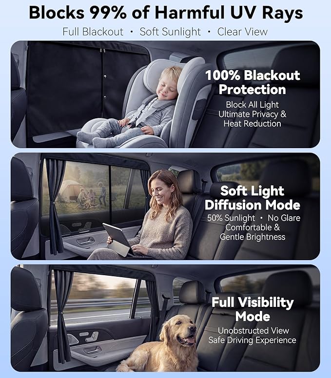 Nmoiss [2026 Upgraded] Car Window Shades for Baby [Ice Crystal Cooling Layer] (2 Pack) 99% UV-Blocker Protection Side Window Curtains Roll Windows Down Privacy Full Covers/Half Shade Options
