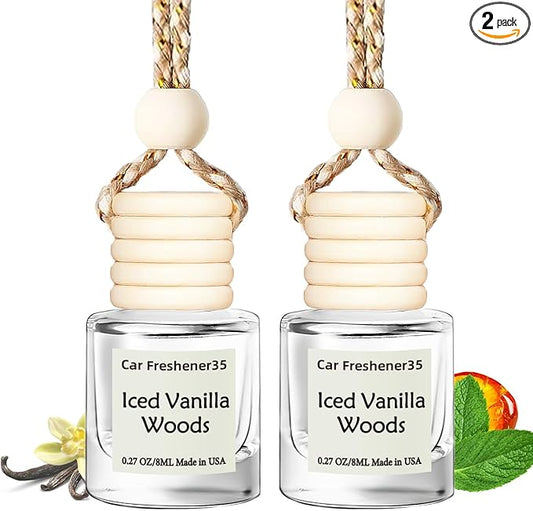 Hanging Car Air Freshener, Long Lasting Essential Oil Diffuser, Non-Toxic Iced Vanilla Woods Scent, Cute Car Fresheners for Women, 2 Pack Made in USA