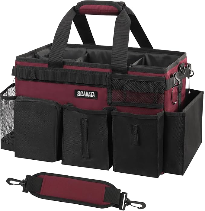 Wearable Cleaning Caddy Bag, Cleaning Caddy Supplies Organizer with Handle & Shoulder Straps for Housekeepers, Under Sink & Car Cleaning Tool Organizers with 4 Foldable Divider (Magenta)