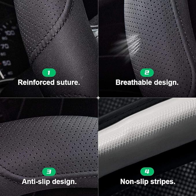 Xizopucy Car Steering Wheel Cover,14.5-15 Inch Black Universal Microfiber Leather Covers Breathable Anti-Slip Odorless Steering Wheels Accessories for Men Women