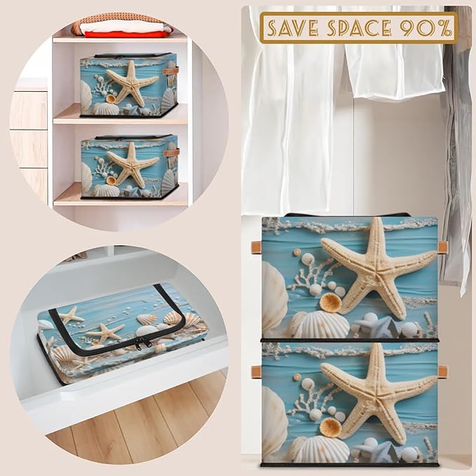 Ocean Shells Starfish Storage Bins With Zipper Lid, Collapsible Trunk Organizer, Car Organizers and Storage Bins with Lids, Decorative Storage Boxes with Handle, Home Storage Baskets for Organizing