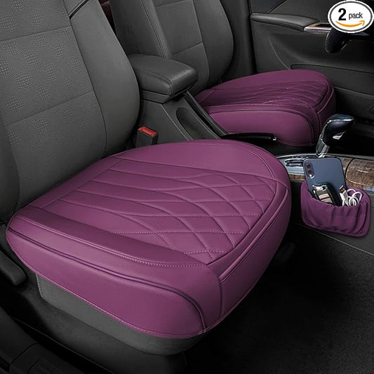 BEITK 2 Pack Leather Front Car Seat Cover Bottom Car Seat, Universal Anti-Slip Driver Car Seat Protectors with Storage Pocket, Waterproof Bottom Auto Seat Cushion Pad Mat for Most Vehicles(Purple)
