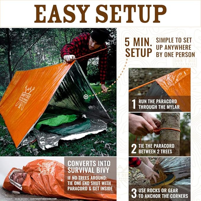 Don't Die In The Woods - Survival Tent - Made with Extra-Thick Space Blanket Thermal Mylar - Emergency Shelter Tube Tent - One of The 10 Essentials for Hiking, Camping, First Aid Kits