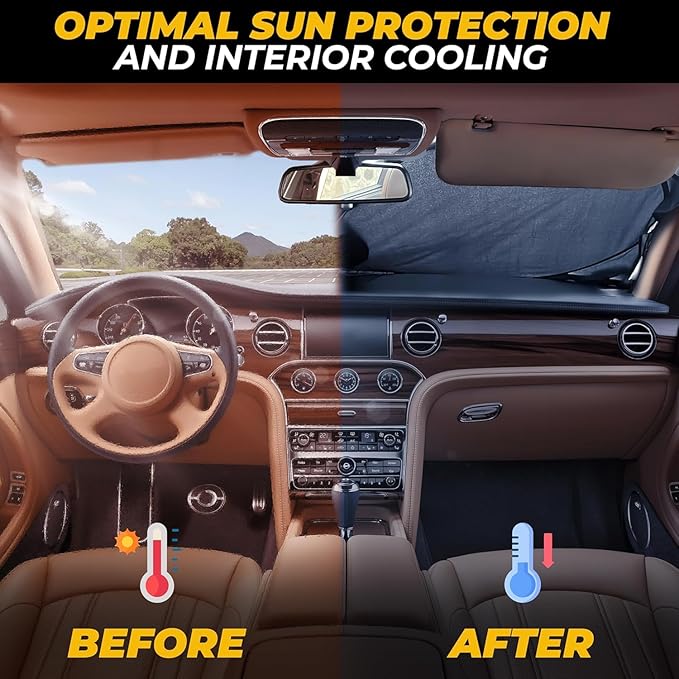 Car Sun Shade Windshield - 240T Reflective Polyester Sunshade, Medium Plus (64" x 33.5"), Blocks 99% UV Rays and Heat, Keeps Car Interior Cool, Foldable with Storage Bag, Compatible with Cars and SUVs