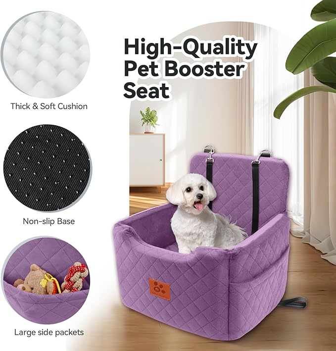 GL GLENSLAVE Dog Car Seat for Small/Medium Dogs Under 35lbs,Memory Foam Dog Booster Seats,Detachable and Washable Traval Pet Car Seat, Dogs Bed with 2 Safety Belts (Purple)