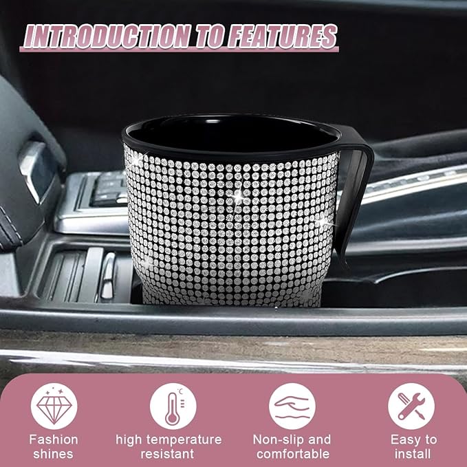 Bling Rhinestones Car Air Vent Trash Can, Hanging Automotive Cup Holder with 2 Hooks, Multi-Function Vehicle Door Organizer Accessories for Key, Pen, Water Bottles, Cellphone(White)