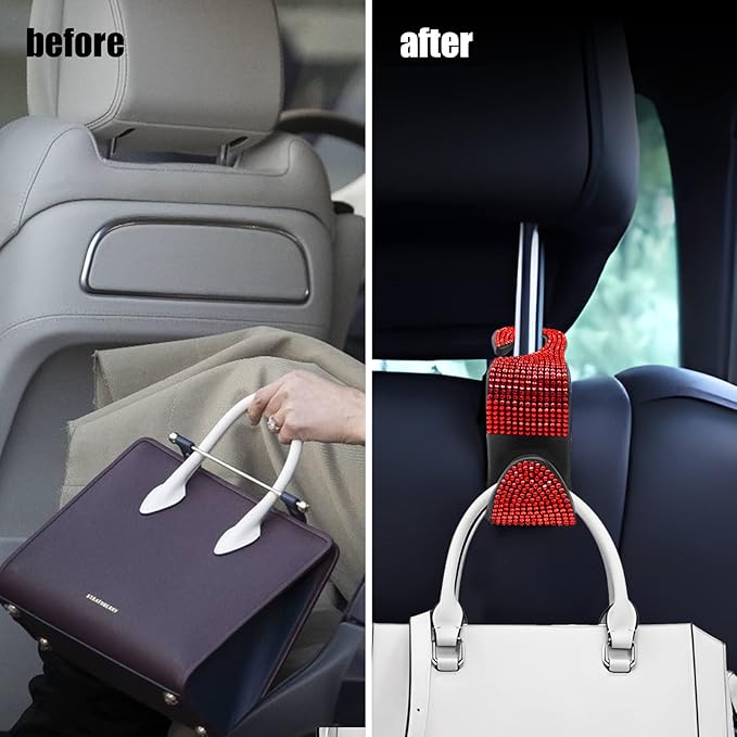 OSIFIT 2PCS Car Seat Hooks, Bling Rhinestone Headrest Hooks, Universal Bling Car Interior Accessories, for Handbag, Clothes, Purse, Water Bottle (Red)