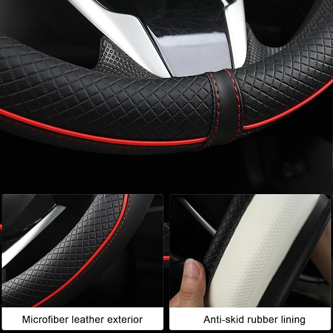 West Llama Customized Auto Car Steering Wheel Cover for Dodge RAM 1500 2500 3500, 15.5-16 inch (Black+Red Line-Large Size)