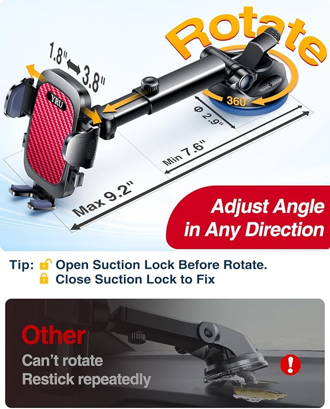 YRU True Military-Grade [360° Rotation Suction] 2026 Ultimate Car Phone Holder Mount 【90+LBS Safest Strongest & Patent Certs】 Dashboard Windshield Vent for iPhone 17 16 Pro Max Samsung, Red