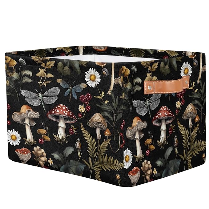 Mushrooms Daisies Storage Baskets for Organizing, Fabric Collapsible Storage Bins Box Forest Plants Decorative Toy Organizer Baskets for Closet Shelves Gift Basket 1 Pc