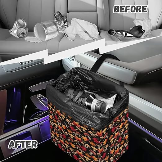 Maple Leaf Mushroom Car Trash Can Cute Leakproof Car Garbage Bag Hanging Trash Bin Automotive Garbage Cans for Back/Front Seat/Console Fall Decor Car Accessories