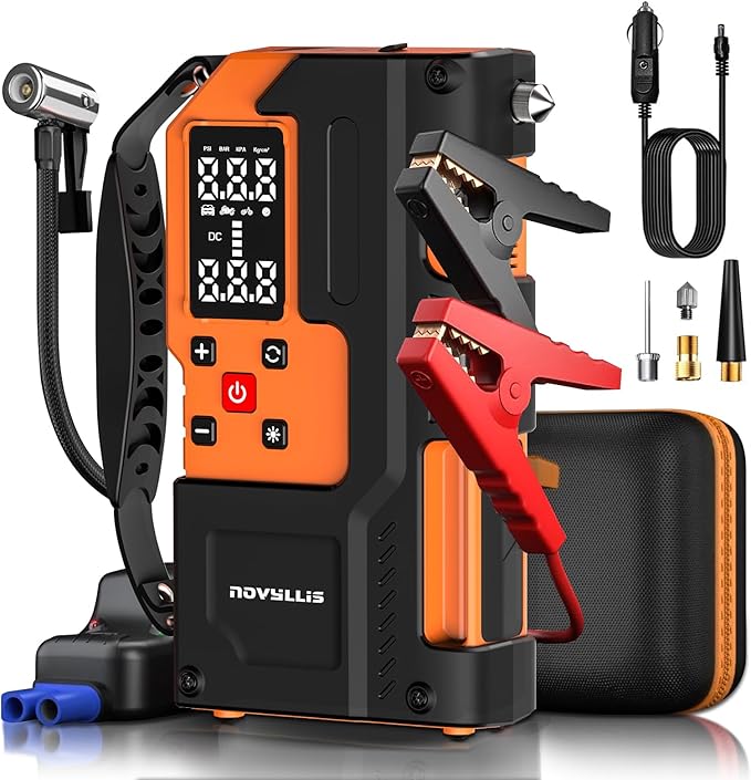 Jump Starter with Air Compressor 4000A Portable Battery Pack 10000mAh Power Bank Emergency SOS LED Light 22-Cylinder 150PSI Cordless AutoShutoff Tire Inflator Window Breaker