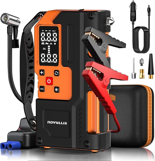 Jump Starter with Air Compressor 4000A Portable Battery Pack 10000mAh Power Bank Emergency SOS LED Light 22-Cylinder 150PSI Cordless AutoShutoff Tire Inflator Window Breaker