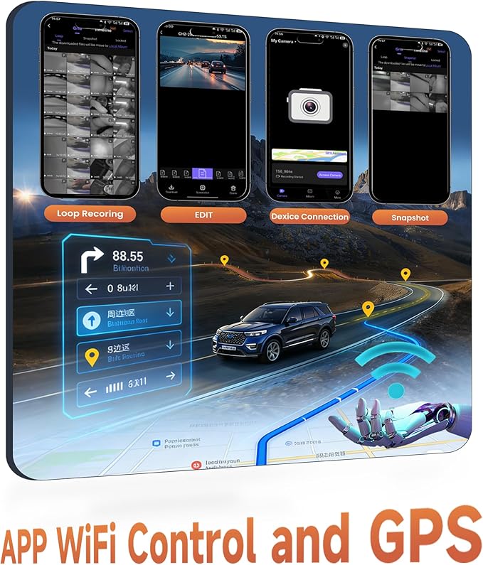 4K+4 Channel Dash Cam Front and Rear 360° View, Free 128GB Card Included, 5.8GHz WiFi Dash Camera for Cars, Built-in GPS, G-Sensor, 150°Wide Angle, 3" IPS Screen, 24H Parking Mode, Support 256GB Max