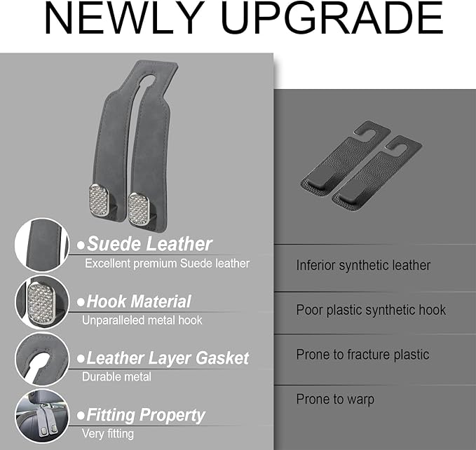 Car Seat Hooks for Headrest, Car Purse Hook & Back Storage Hook, Zinc Alloy & Suede Material Heavy Duty Car Hooks for Purses and Bags,Universal Fit for Most Vehicles (Grey Diamond-2 Pack)