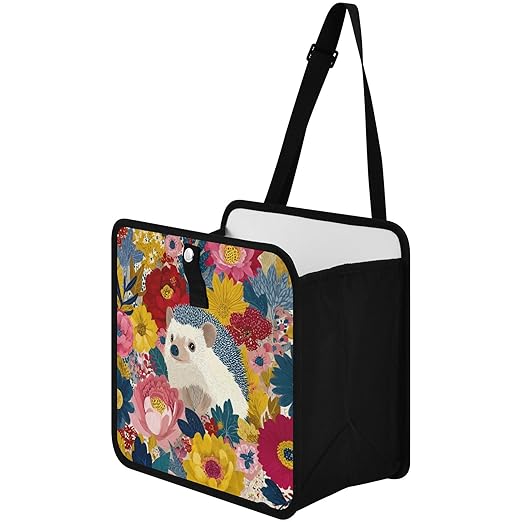 Car Trash Can Organizer Bin with Adjustable Strap for Back Front Seat Console Waterproof Leakproof Collapsible Portable 8.66 Inch Garden Flowers Hedgehogs Colorful