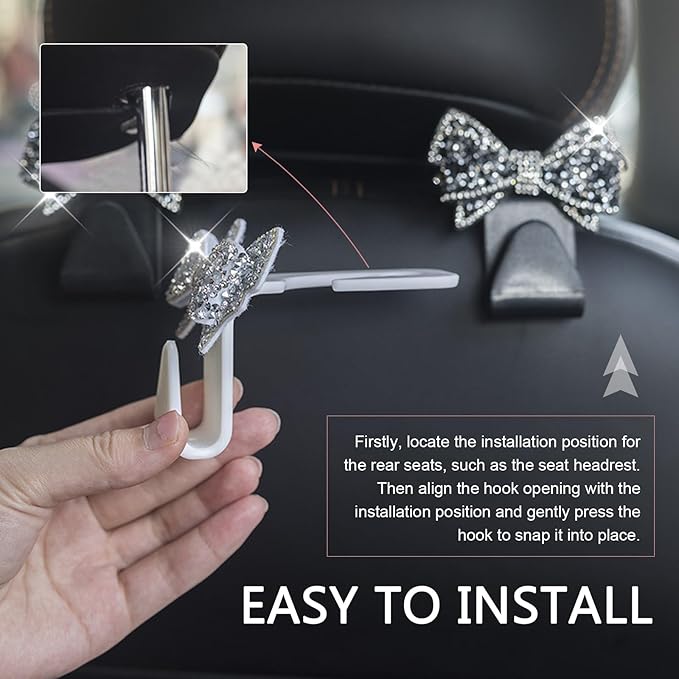 2 PCS Bling Bow Car Seat Headrest Hooks, S Type Crystal Seat Back Hangers, Universal Vehicle Storage Organizer for Handbag, Purse, Coat, Grocery Bags (White)