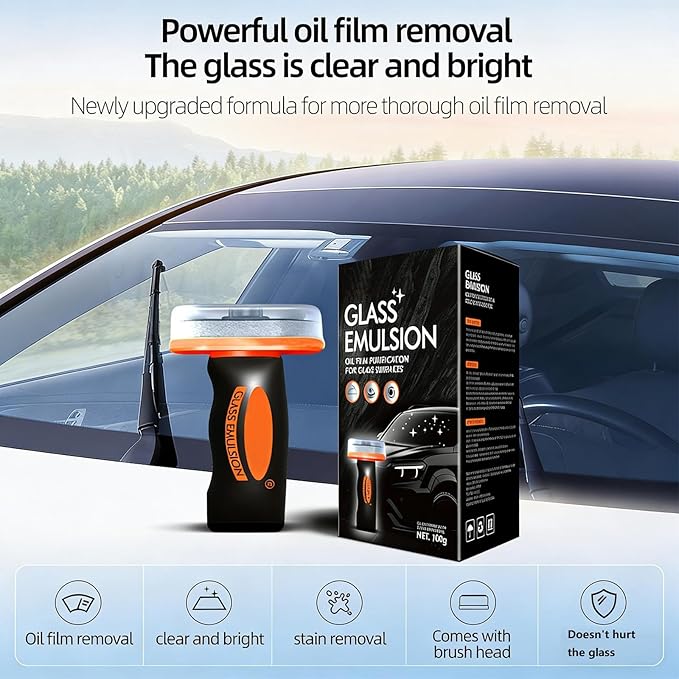 【2PCS】Glass Guard, Glass Oil Film Remover for Car, Glassy Emulsion Cleaner Roll-On Glass Compound with Cleaning Board, Removes Oil Film & Smudges, Improve Windshield Clarity for Safe Driving (100ml*2)