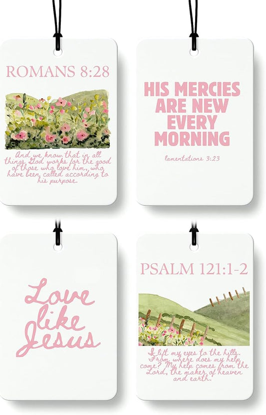 Cute Pink Christian Cologne Car Air Freshener 4 Pcs, Preppy Floral Religious Bible Verse Hanging Air Freshener for Cars Bathroom Dorm Books Decor, Pink Girly Accessories Gifts for Women Girls