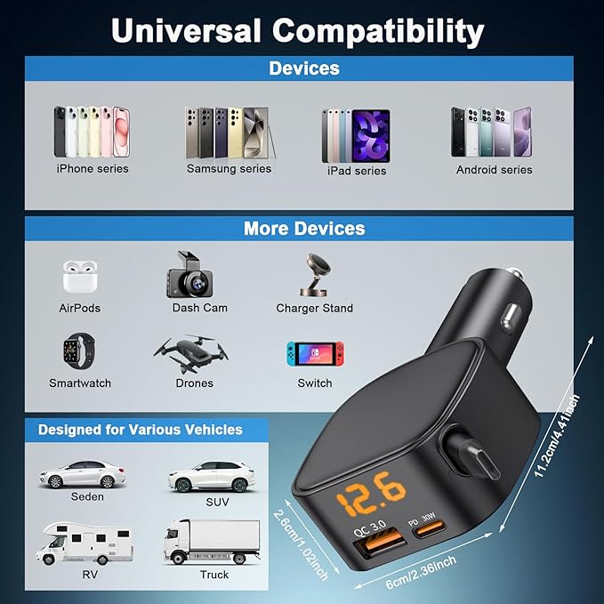 Retractable Car Charger USB C, 93W Fast Charging Car Charger Adapter with Voltage Display, [QC3.0 & PD 45W] 12-24V Cigarette Lighter USB Charger Adapter for iPhone 17 16 Galaxy iPad Android