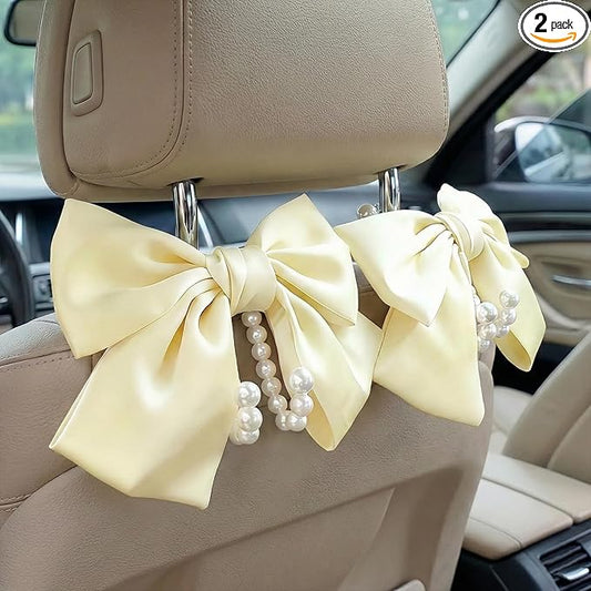 2PCS Satin Bow Pearl Car Seat Headrest Hooks – Car Bag Holder & Vehicle Hanger for Purses – Cute Coquette Aesthetic Interior Decoration – Cute Auto Organizer Accessories Universal (Pearl White)