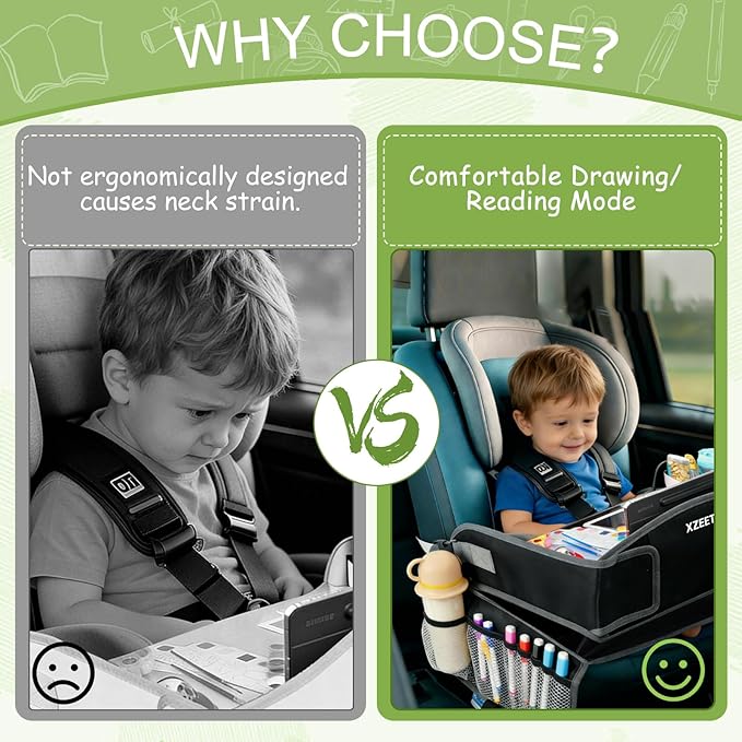 Kids Travel Tray for Car Lap Desk for Kids Ergonomic Elevated Angle Car Seat Tray with Cup Holder Storage Pockets Ideal Travel Essentials for Long Trips