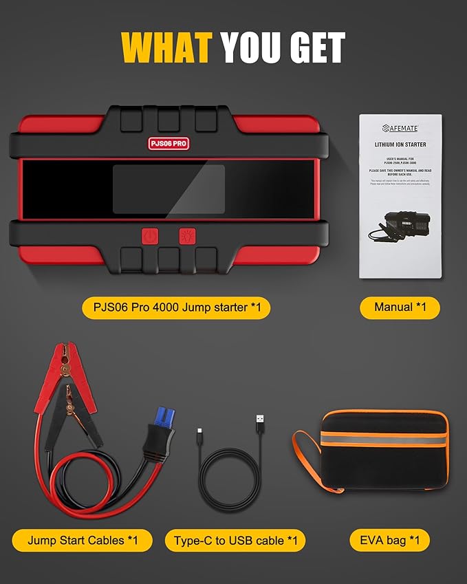 PJS06 Pro 4000A Car Jump Starter - Portable Power Bank with 40W Fast Charge, 10L Gas/9L Diesel Engine Starter, 3S Quick Start, Voltage Detector, LED Light, 10 Protections