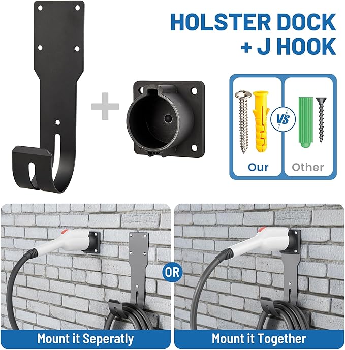 MECMO EV Charger Holder SAE J1772 Nozzle Holster Dock and J-Hook Combination Wall Mount, EVSE Electric Vehicle Car Charger Cable Organizer EV Charger Cord Wall Hook Cable Holder J1772 Connector