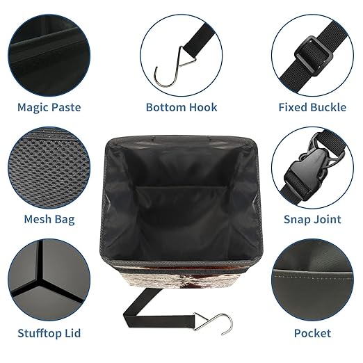 Western Brown Beige Cow Print Car Trash Can with Lid Collapsible Reusable Waterproof Car Garage Bag,Automotive Garbage Can,Car Accessories Interior Car Organizer
