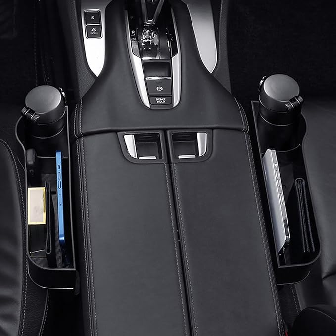 Car Seat Gap Filler Organizer 2 Pack, Multifunctional Auto Console Side Storage Box with Cup Holders & Phone Holder, Premium PU Leather Car Front Seat Organizer for Drinks, Sunglasses, Keys