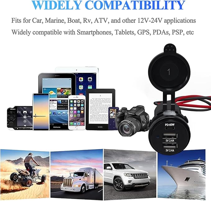 3-Port 60W PD Dual 2.4A USB 12V Charging Socket Splash Resistant for Jeep Pickup SUV Camper Van Boat