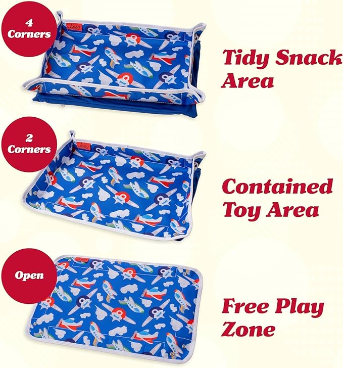 Lusso Gear Kids Airplane Tray Table Cover - Storage Pockets for Toddler Toys & Snacks - Kids Travel Essentials & Organizer - Portable Fit for Most Airplane Trays - Dinos