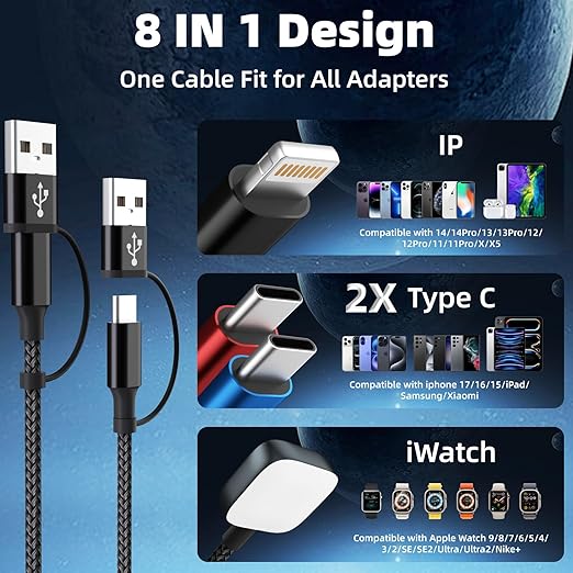Dual Type-C Port 4 in 2 Multi Charging Cable for iWatch Charger/iPhone17/IP, Cruise Travel Essentials 2026, USBA/USBC Cable for iWatch Ultra/SE/11-2, iPhone17-8, Pad, GalaxyS26, Car Charger- 2Pcs 5FT