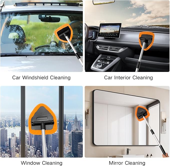Qydipclin 10pcs Windshield Cleaning Tool Inside Car Window Cleaner Wash Kit with 4 Reusable Microfiber Pads 1 Spray Bottle and Extendable Handle Interior Auto Glass Wiper Kit, Orange