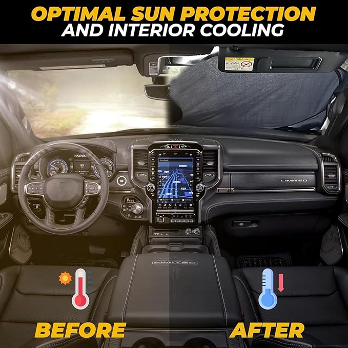 X-Large Truck Front Windshield Sun Shade (69" x 35") – 240T Thickened Reflective Sunshade, Blocks 99% Heat & UV Rays, Foldable Windshield Sunshade Keeps Vehicle Interior Cool