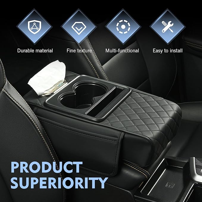 Center Console Cover Organizer, Comfortable Car Armrest Box Height Increase Pad, Multi-functional Storage Car Interior Accessories, Universal for Most Vehicles (Black)