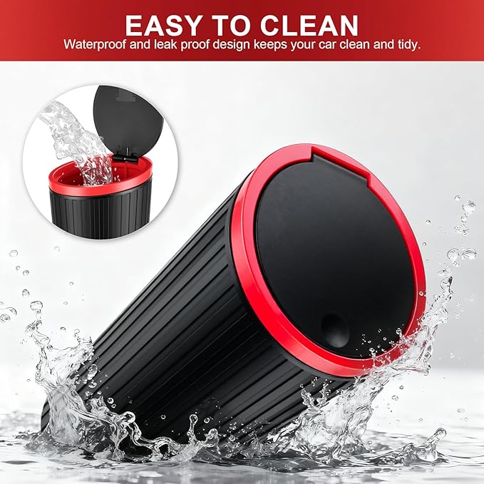 SINGARO 2PCS Car Trash Can with Lid, Leakproof Mini Garbage Bin for Car Cup Holder, Small Trash Can for Vehicle, Home & Office - Includes 60 Bags, Easy Clean (Black-Red)