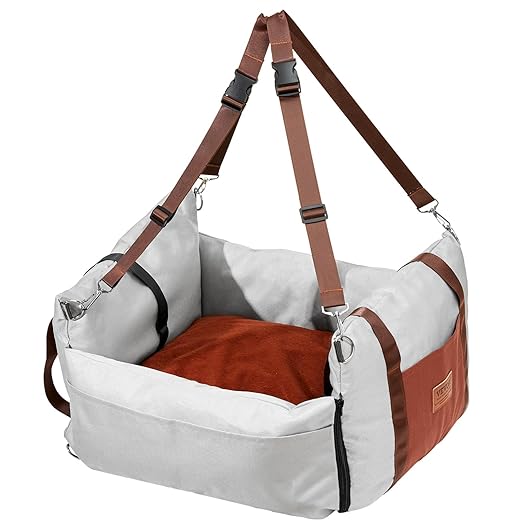 VEVOR Dog Car Seat, Waterproof Dog Booster Seat for Car with Side Handles and a Storage Pocket, Clip-On Safety Leash and PP Cotton Filling, Vehicle Bed for Small Dogs up to 25lbs, Gray