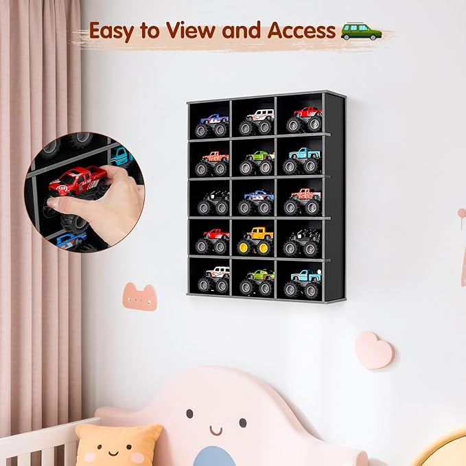 Trucks Display Shelf, 15 Slot Toy Cars Display Case, Wall Mounted Toy Truck Storage Organizer Holder, Black