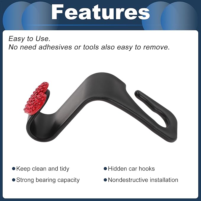 Car Seat Headrest Hook Interior Accessories for Most Car, SUV, Truck Car Seat Back Organizer Hooks Plastic Rhinestone Sturdy Red 2.4"x1.26"