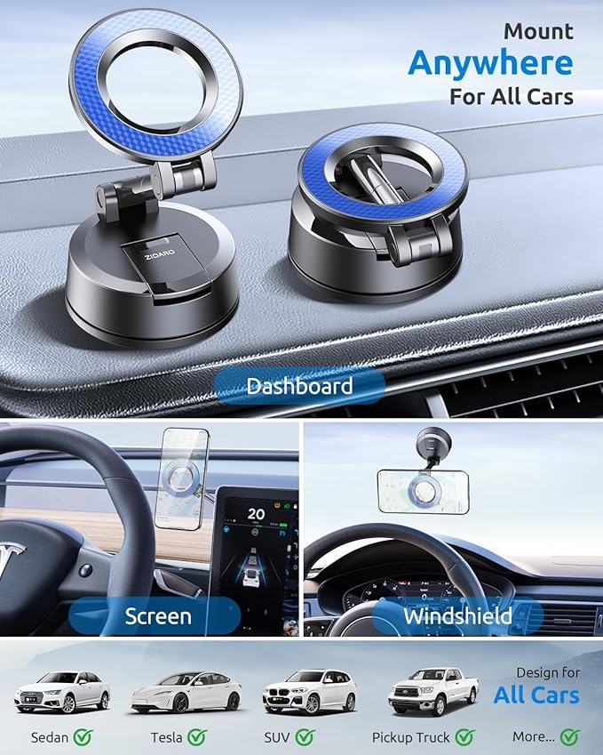 Vacuum Magnetic Car Phone Holder, 360°Adjustable, Compatible with iPhone 12-17 Series & Dashboard Mount & Tesla, 80+LBS Strong Suction Cup Phone Holders for Your Car, MagSafe-Compatible (Blue)