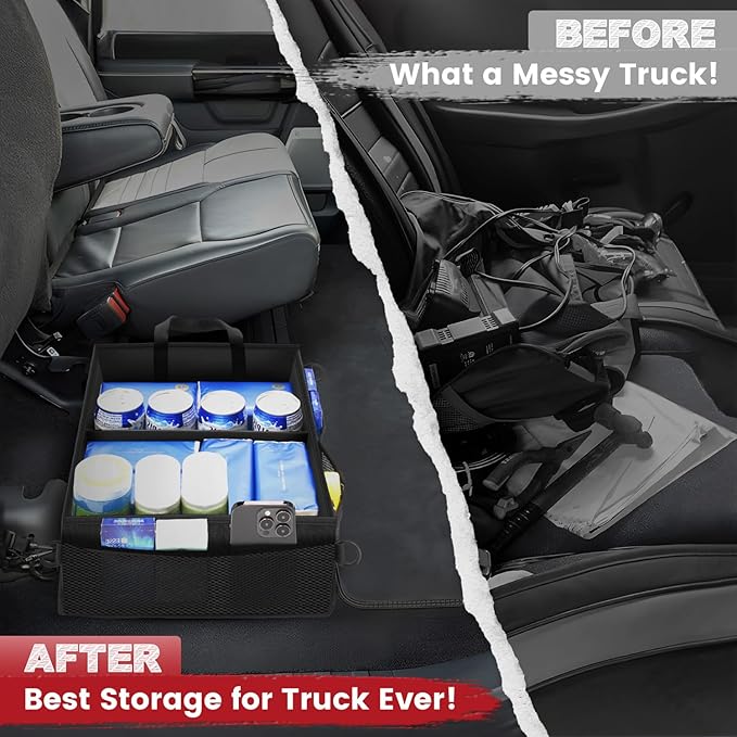 Under Seat Truck Organizer Storage Box with Removable Divider & 4 Storage Mesh Bag,Collapsible Trunk Organizer for Car, SUV, Truck, or Van(Full Size Trucks)