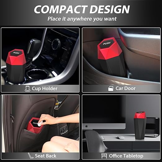 Car Trash Can with Lid, Mini Portable Trash Bin for Cars, Small Automatic Garbage Bin, Leakproof Cup Holder Trash Bin for Auto,Home,Office, Desktop Car Accessories (2, Red)