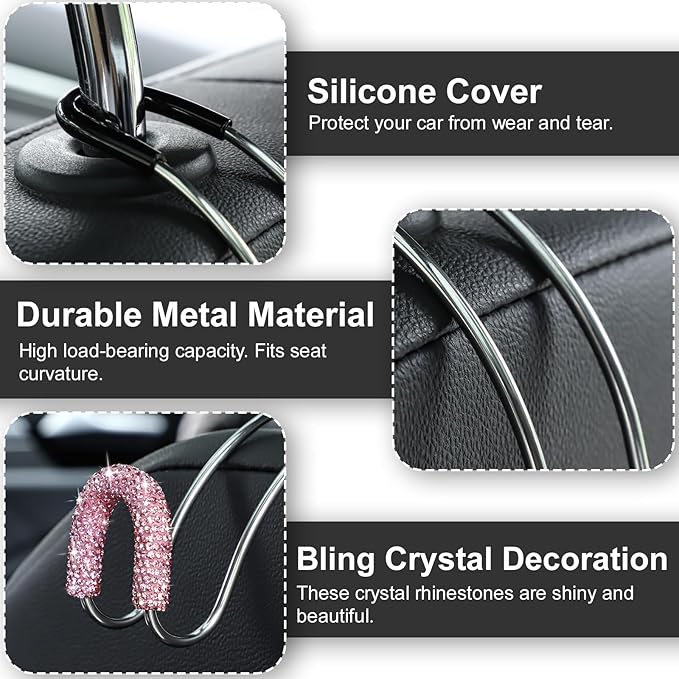 Soleebee 2 Pack Bling Car Headrest Hooks Crystal Rhinestones Universal Car Seat Hook Auto Hook Durable Car Back Seat Hangers Storage Organizer (Pink)